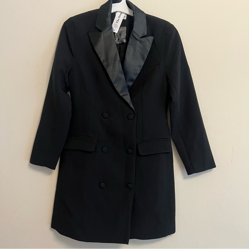 The Drop Blazer Mini Dress Satin Lapel Black Size XS New